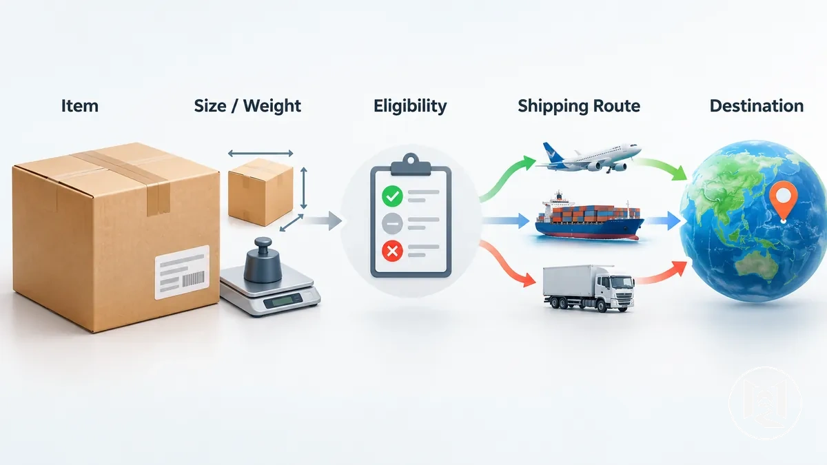 Item characteristics affecting shipping eligibility and available routes to an overseas destination