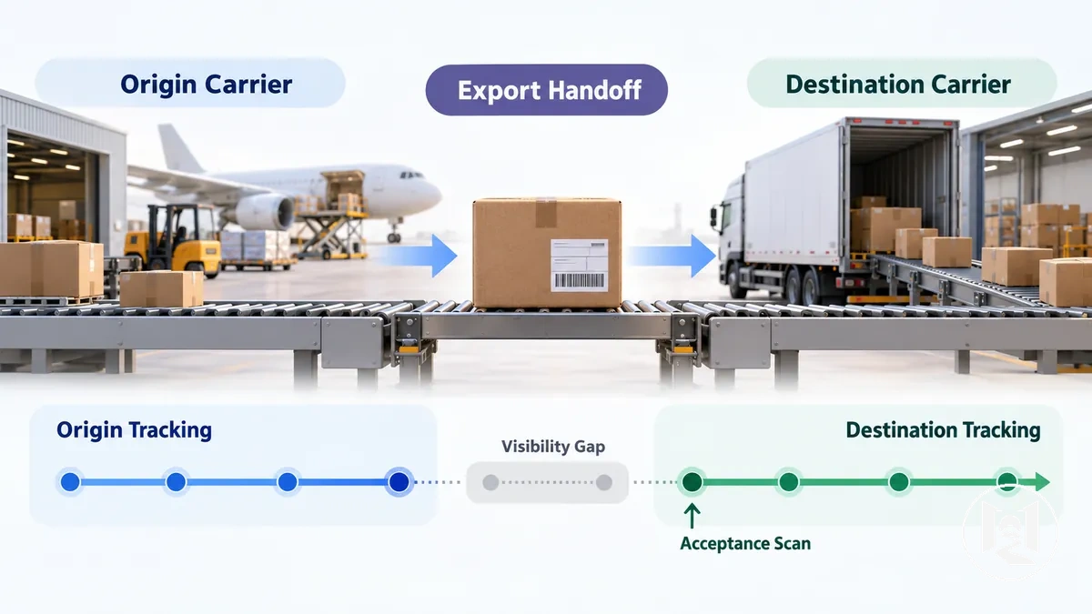 International carrier handoff and tracking visibility gap for a parcel from Japan