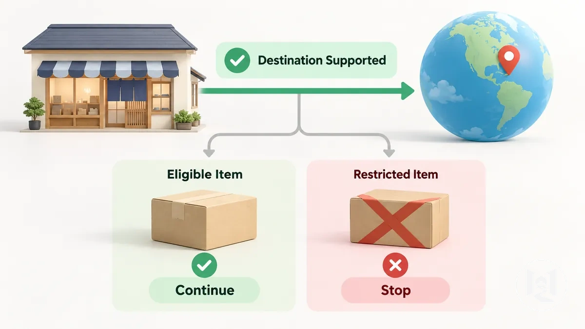 Comprobaciones de elegibilidad de tienda y artículo para el envío desde Japón a un destino en el extranjero