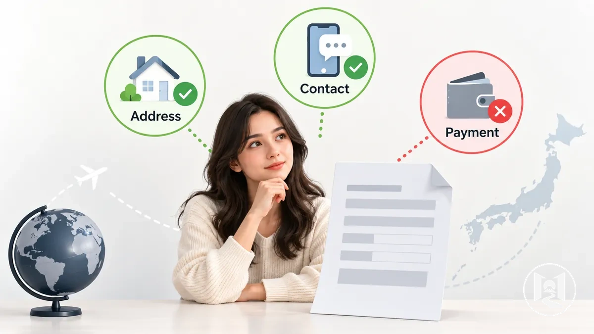 Comprador en el extranjero cumpliendo requisitos de dirección, contacto y pago en el proceso de compra de una tienda japonesa