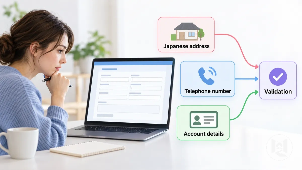Formulario de compra online japonés que muestra campos obligatorios de dirección, teléfono y datos del cliente para la elegibilidad del pedido