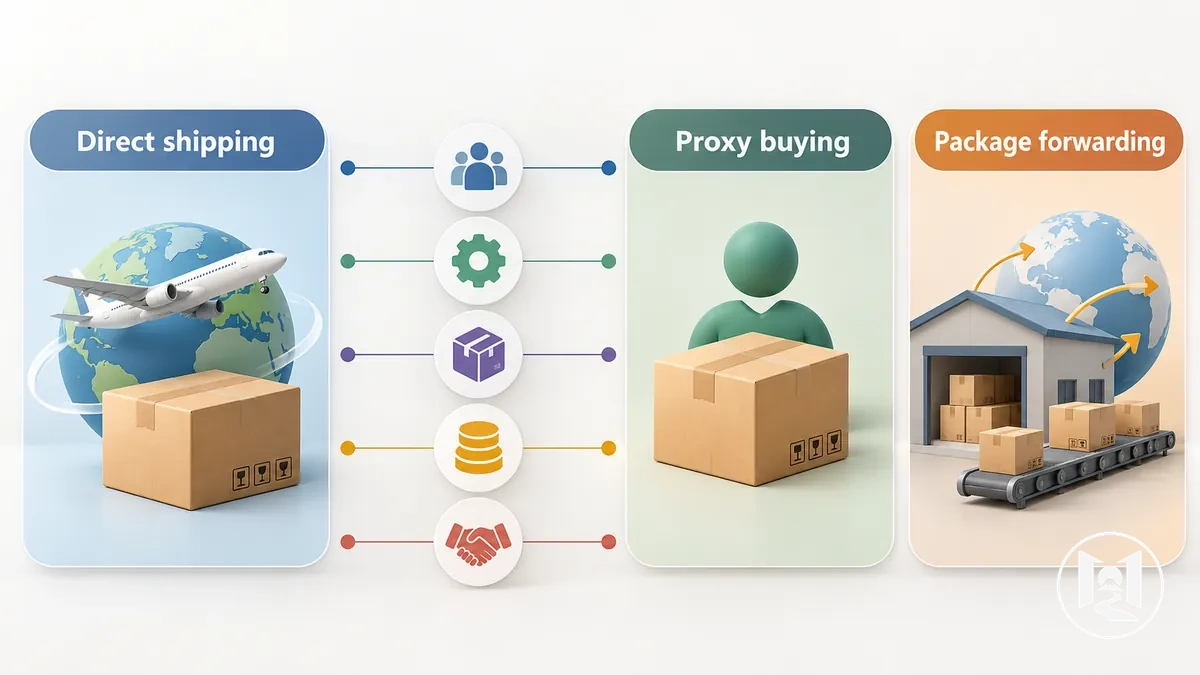 Expédition directe, achat via proxy et réexpédition de colis comparés selon l'accès, le contrôle, le parcours d'expédition, les postes de frais et la responsabilité