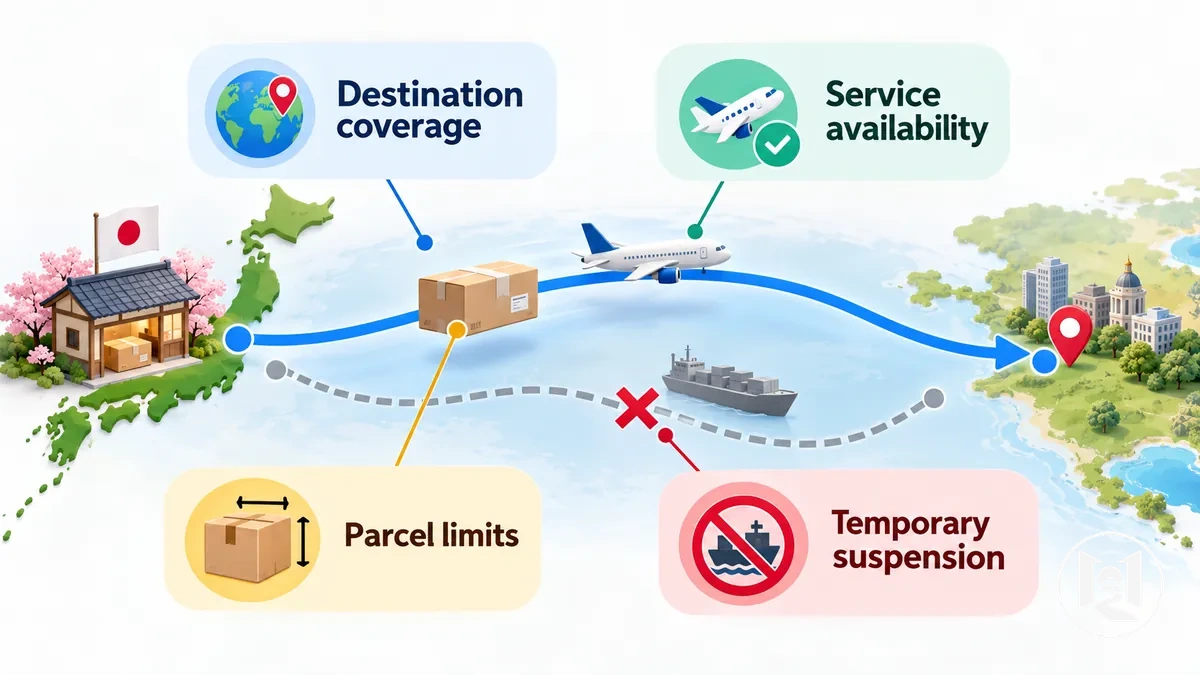 Itinéraire d'expédition international depuis une boutique japonaise montrant la couverture des destinations et les contraintes de disponibilité des services