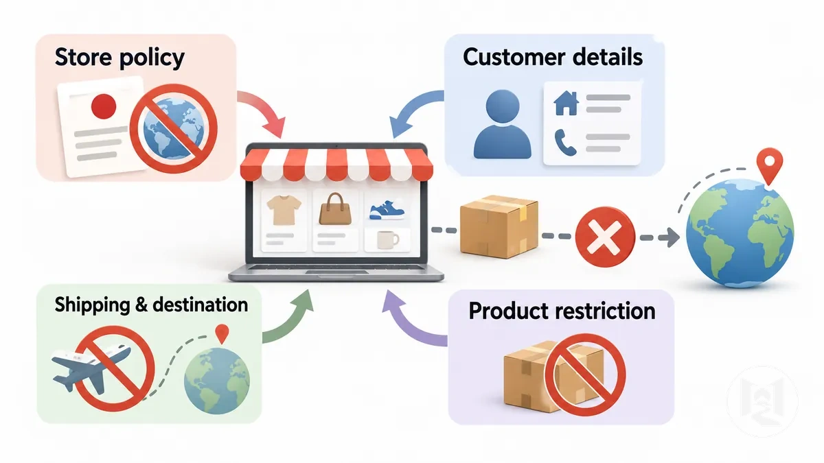 Diagramme montrant quatre types de restrictions pouvant affecter une boutique japonaise lors du traitement d'une commande directe à l'étranger