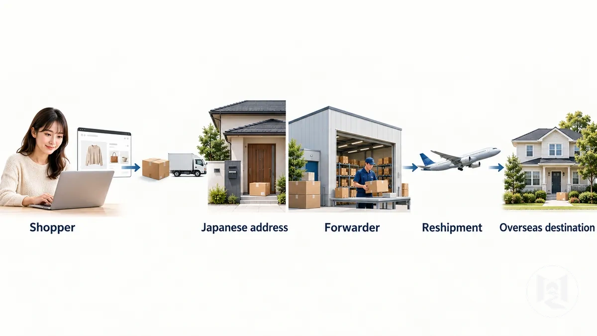 Acheteur envoyant un achat en ligne japonais à une adresse de réexpédition pour un renvoi à l'étranger