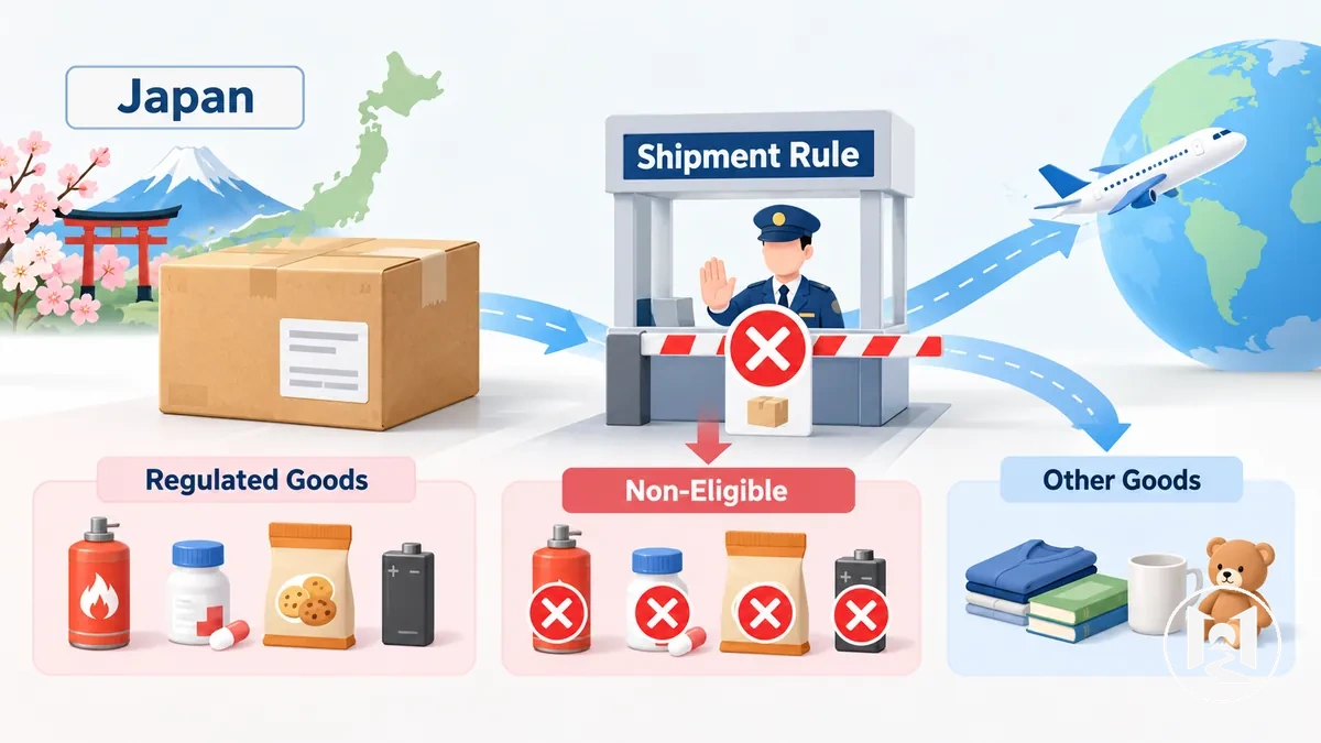 Exemplos de categorias de itens que podem ser proibidos para envio internacional do Japão sob regras específicas.