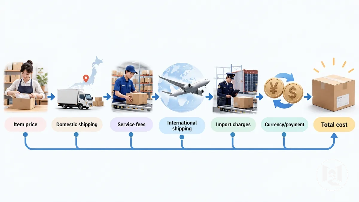 Diagrama com os principais componentes de custo de um pedido online do Japão, da compra à entrega final.