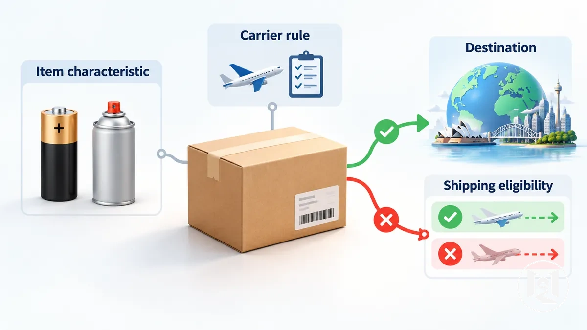 Pacote com características do produto que afetam a elegibilidade para envio internacional a um destino no exterior