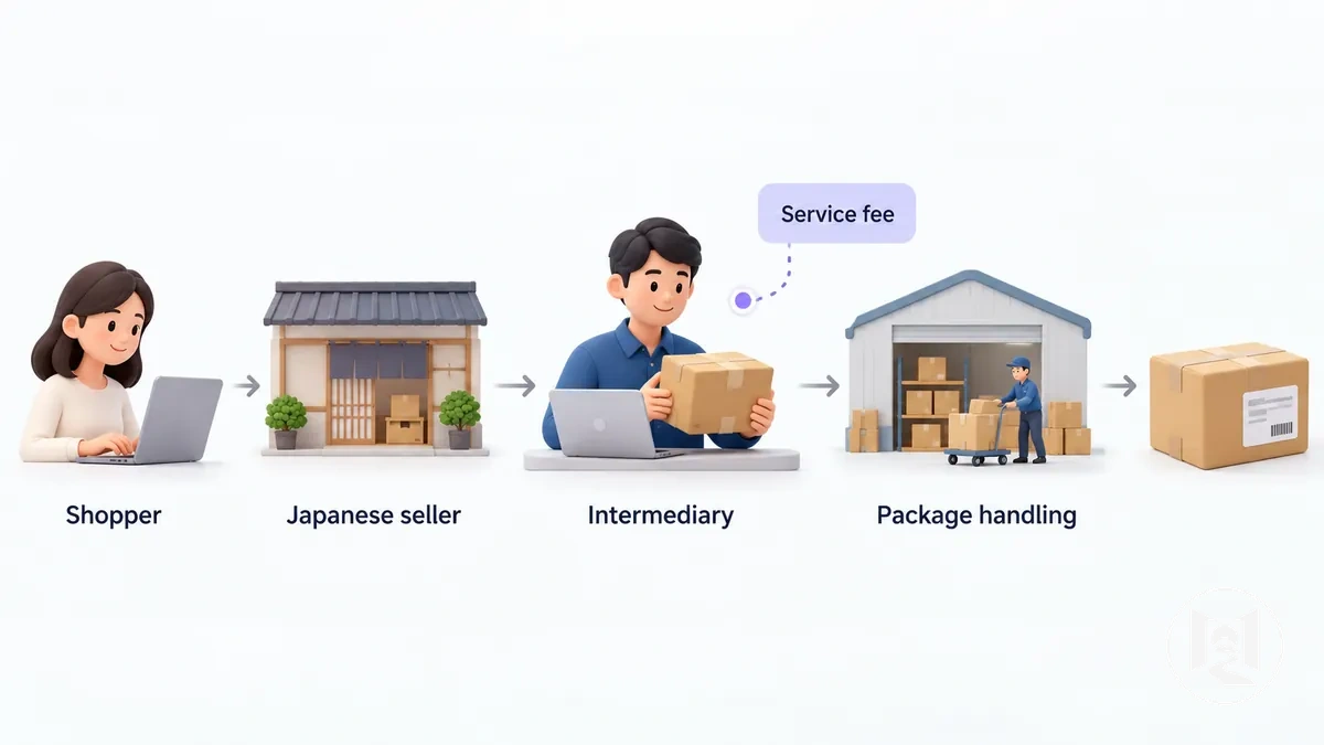 Diagrama dos pontos de cobrança de taxas de serviços de proxy ou redirecionamento em um pedido online do Japão.